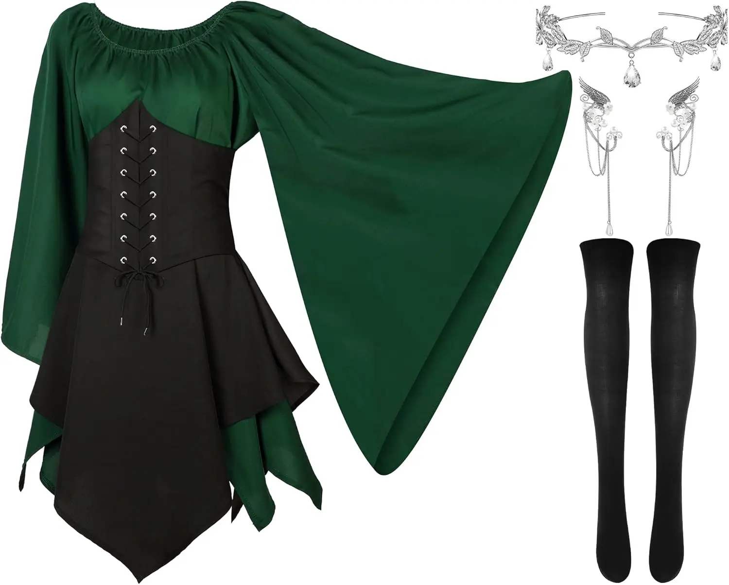 Haysandy 4 Pcs Women Elf Costume Renaissance Traditional Irish Dress Fairy Ears for Halloween Cosplay