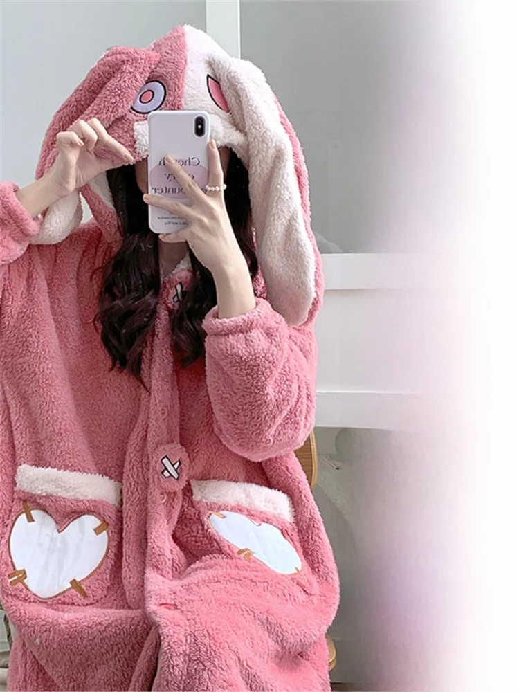 Angela Women's Winter Thickened Long Coral Fleece Pajamas Cute Robe Home Clothes Set Cartoon Style Sleepwear Home Scene