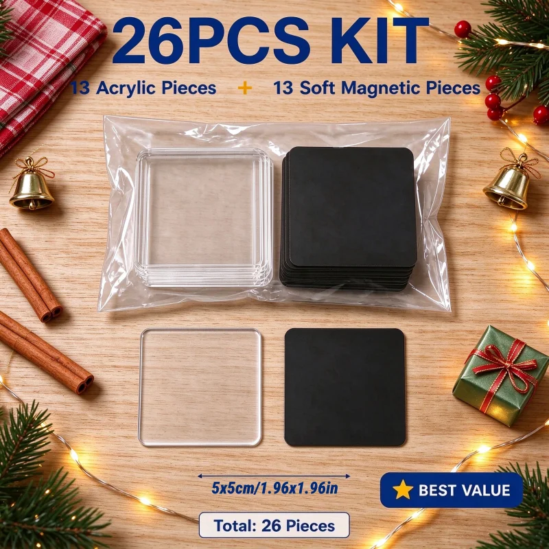 26pcs Fridge Magnet Making Set | Adhesive Acrylic Squares + Soft Magnets; For Christmas Crafts, Party Gifts,Gift Wrapping.