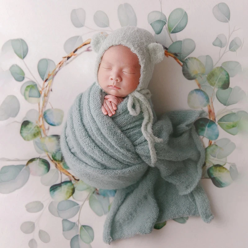 Newborn Photography Props Knitted Wool Wrap For Baby Photo Cute Bear Ear Hat Doll 2Pcs/Set Baby Posing Backgroud Shooting Prop
