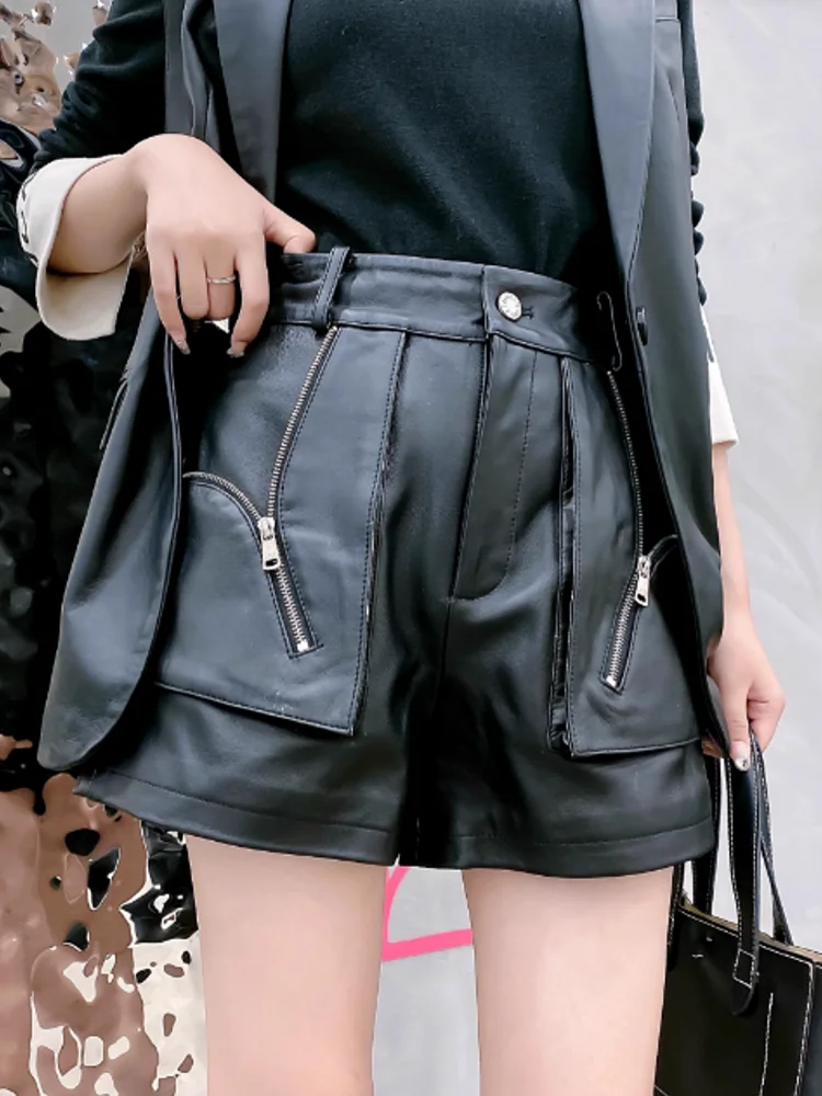 New Women High Waist Wide Leg Shorts Zipper Pockets Real Sheepskin Genuine Leather Shorts Casual Streetwear Motorcycle Boot Cut