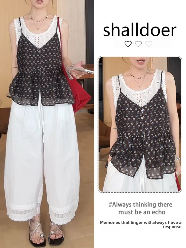 

Fashionable Hollow out Vest Strap Casual Wide Leg Pants High End Feeling Women's Set Summer New Arrival Breathable Polyester ...