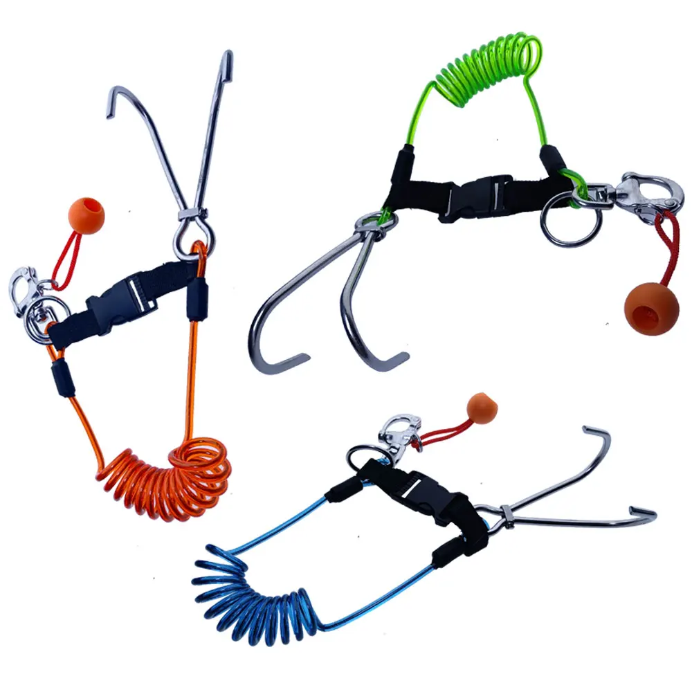 QR Scuba Diving Double Reef Hook Leisure Diving Spiral Coil Lanyard Tech Cave Diving Current Reef Hook Diver Safety Gear