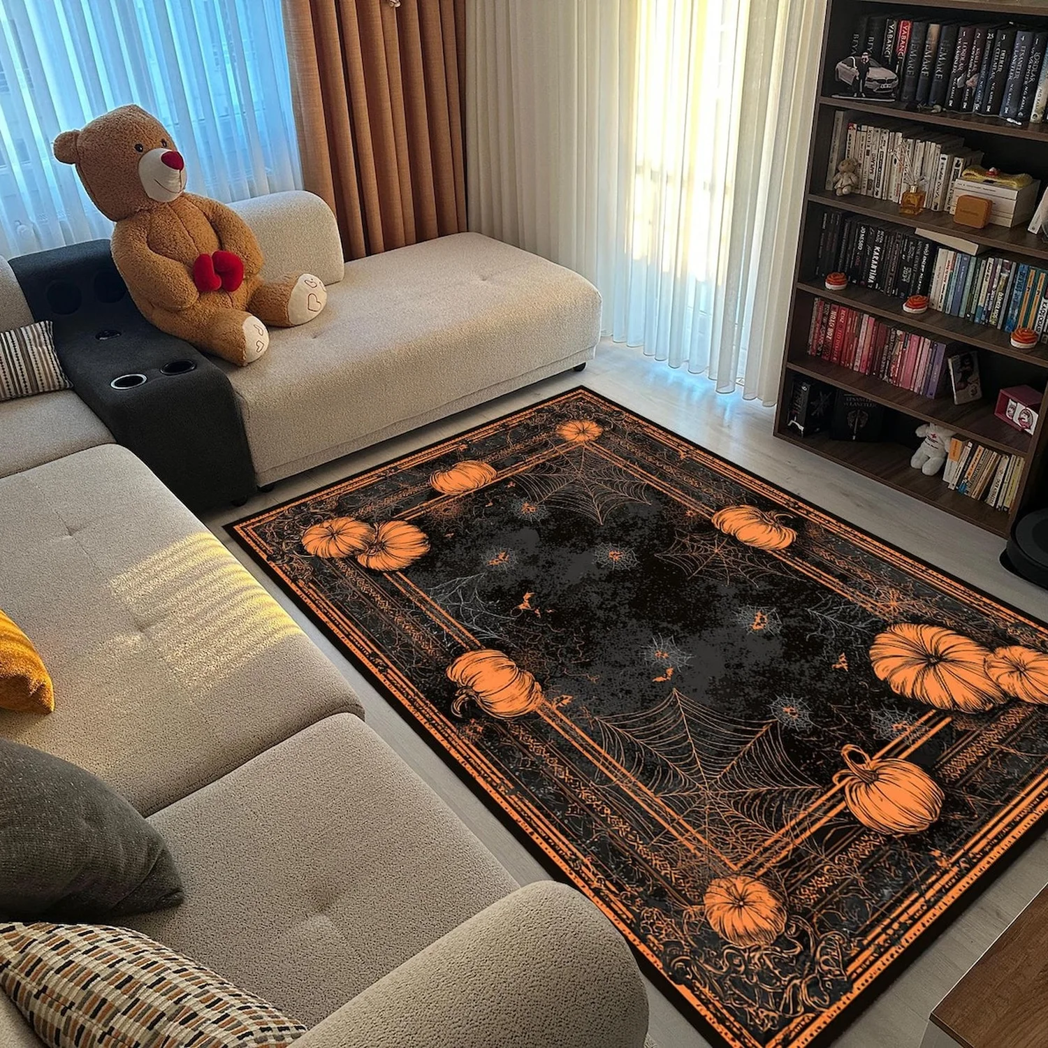 Halloween Pumpkin Spider Web Carpet, Gothic Black and Orange Carpet, Horror Carpet for Living Room, Haunted Holiday Home Decoration.