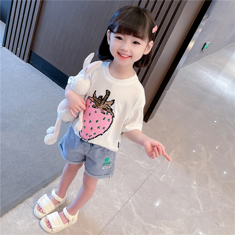 Girls Strawberry Fruit Print T-shirt Children's O-neck short sleeved All-match Casual Tops