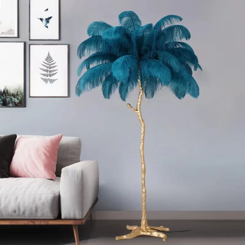 200cm Nordic Ostrich Feather Floor Lamp Resin Copper Living Room Home Decor Standing Light Indoor Lighting Bedroom Bedside Light
