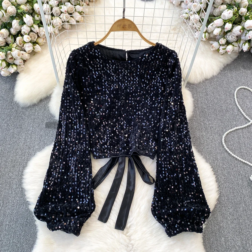 Woman Vintage Sequins Bling Blouse O Neck Women\'s Long Sleeve Crop Top Korean Fashion Butterfly Short Shirts Oversize Dropship