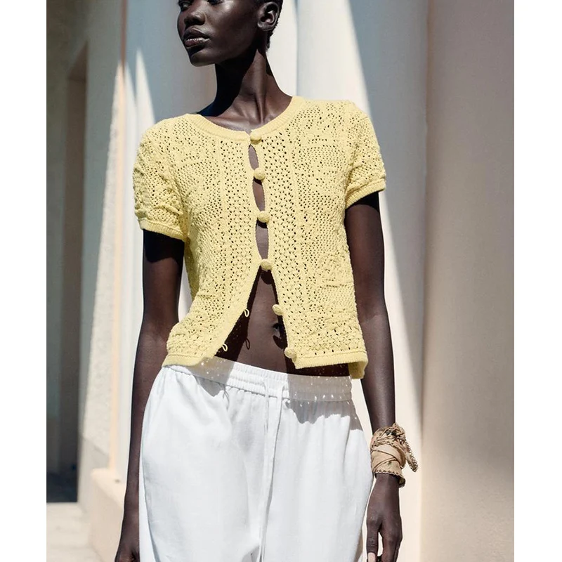 Summer New Women's Knitted Casual round Ne ort Sve Top Polyester Fiber Straight Cut Commute Sle Single Piece
