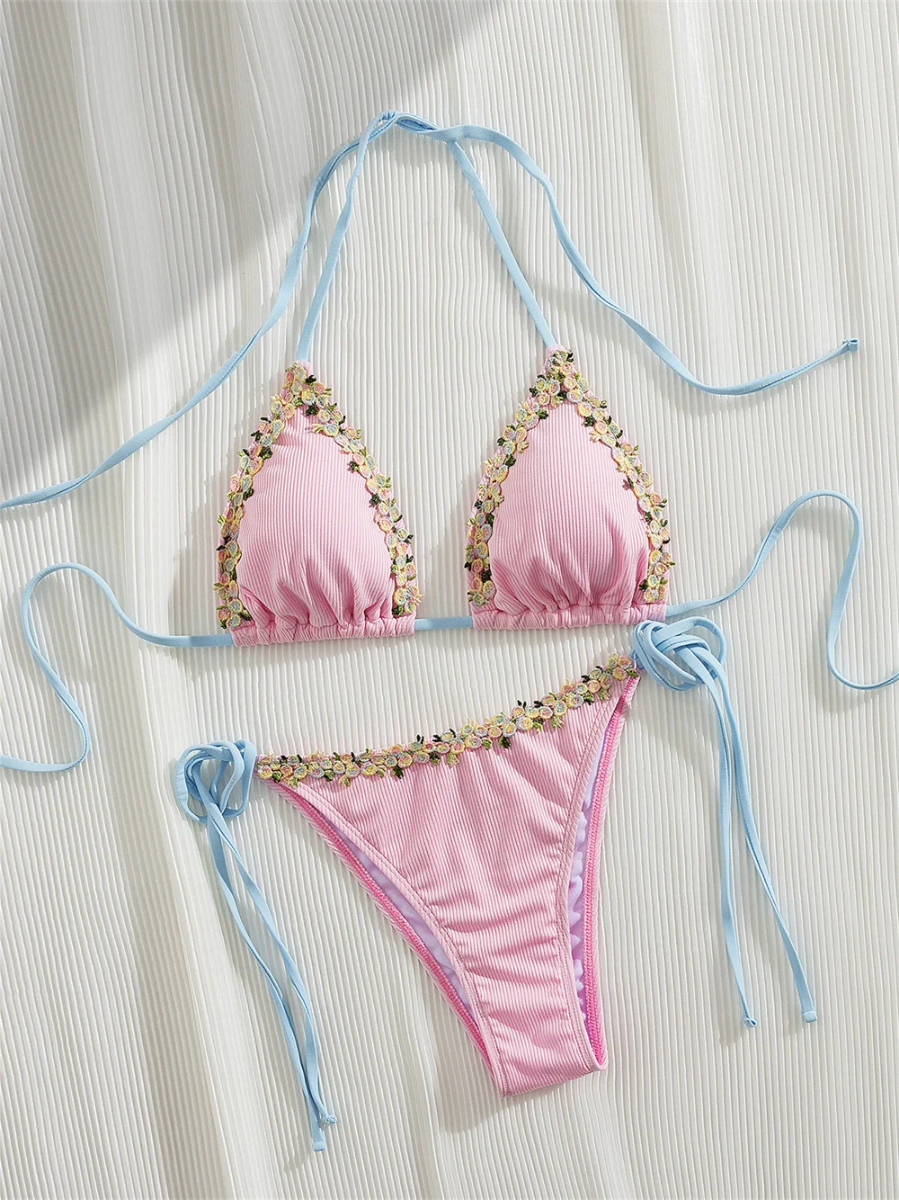 Pink Kawaii Y2k Swimsuit Flower Border Micro String Bikini Thong Women Vacation Swimwear Black Beach Outfit Bathing Suit Biquini