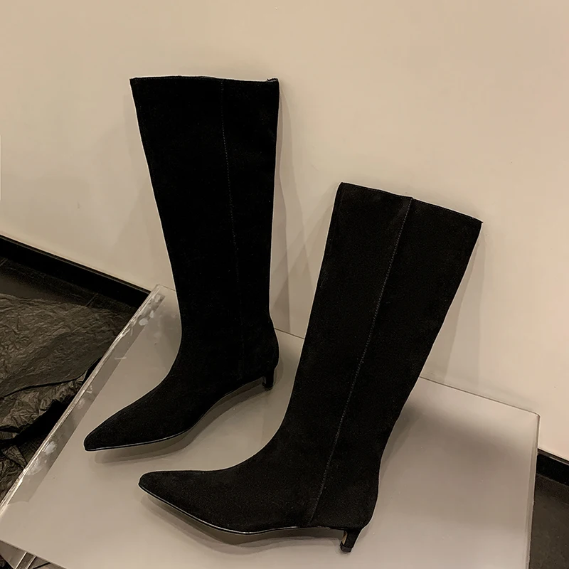 QUTAA 2027 Fashion Cow Suede Winter Women Knee High Boots Autumn High Heels Shoes Pointed Toe Pleated Dress Long Boots 34-41 view 2