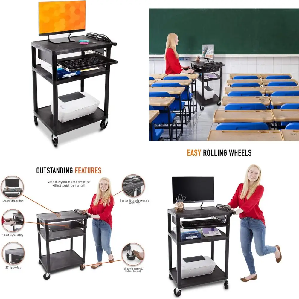 عربة بلاستيكية AV مع صينية لوحة المفاتيح لمحطات العمل المتنقلة في المكاتب والمدارس، حل تخزين دوار مع 4 عجلات #1