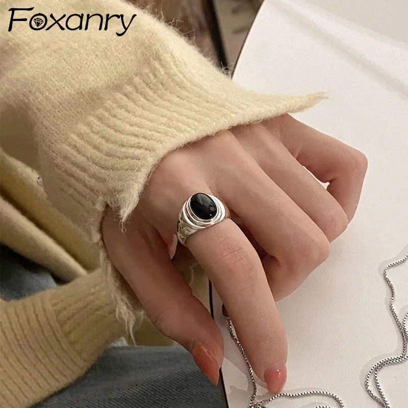 Foxanry Silver Color Ellipse Black Zircon Rings For Women Couples Trendy Personality Temperament Simple Birthday Jewelry Gifts