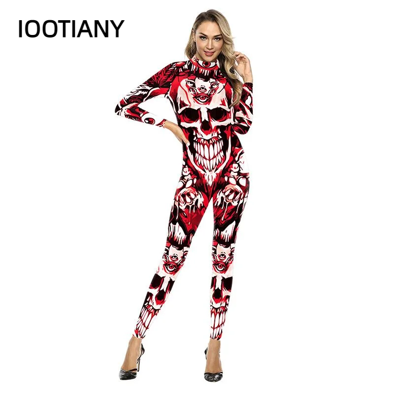 IOOTIANY-monos sexys con estampado 3D de calavera aterradora para mujer, monos ajustados de manga larga para fiesta de Halloween, 2 colores