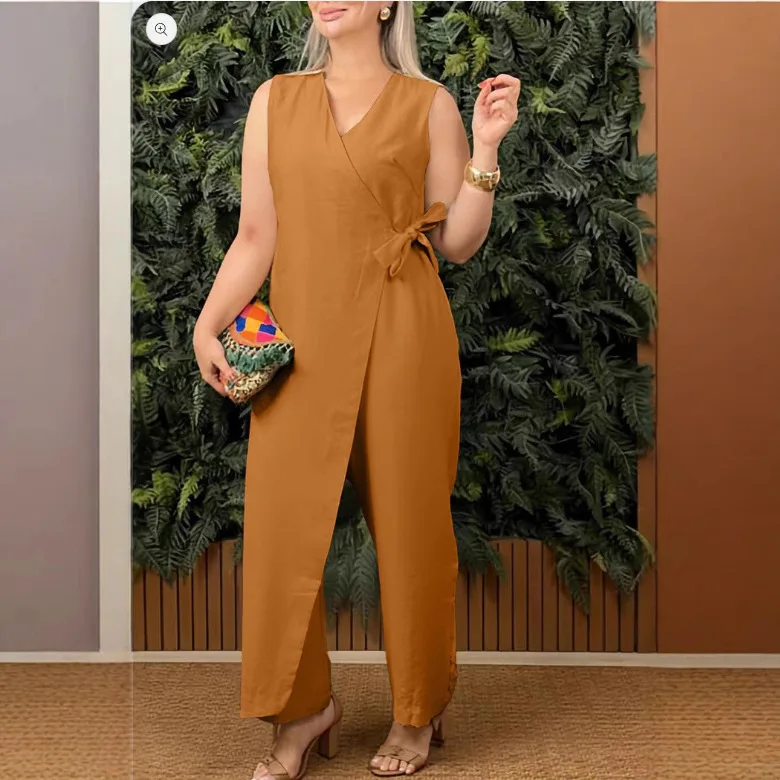 

New Solid Color Women's Casual V-neck Cross With Jumpsuit