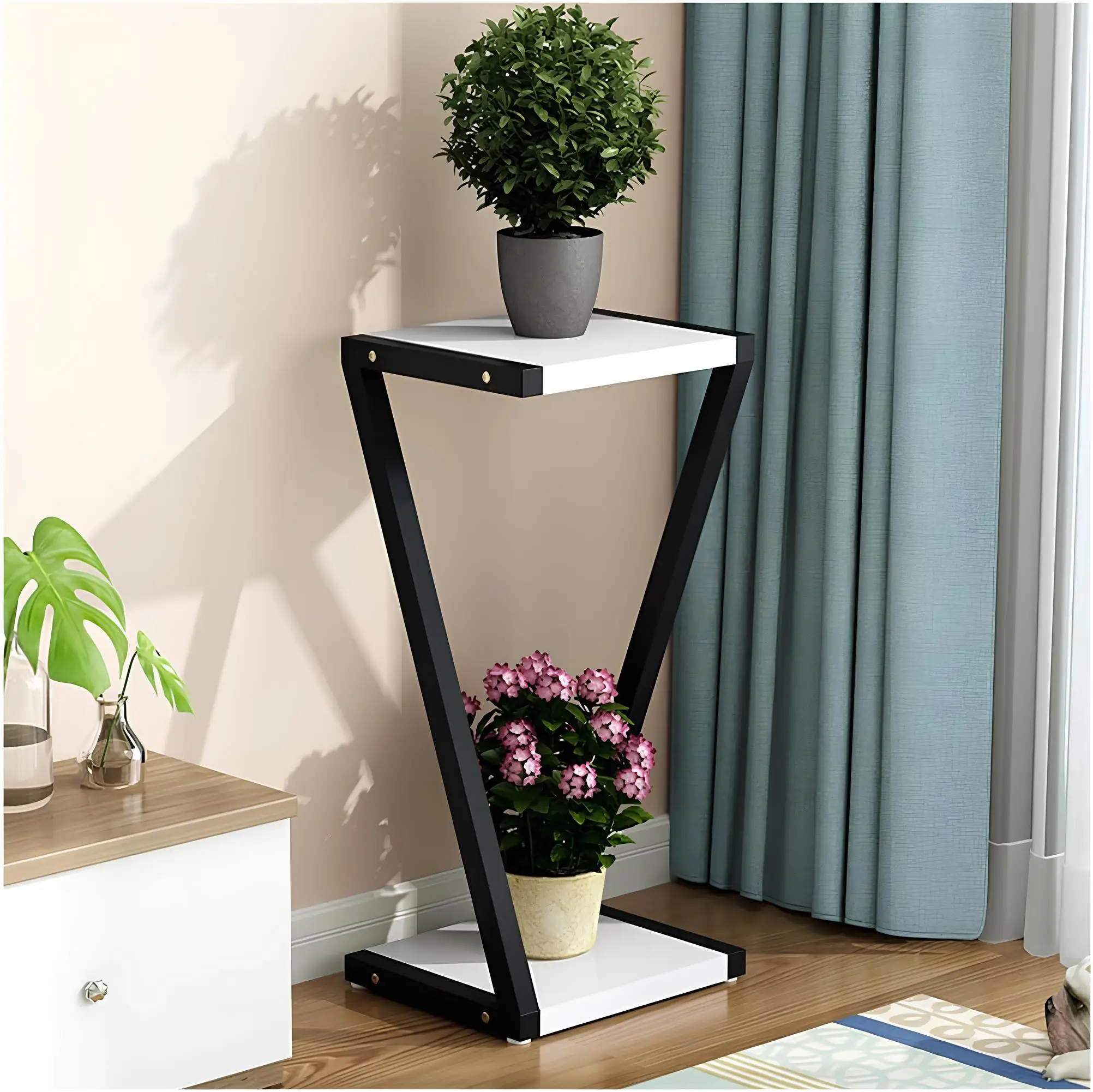2-Layer Metal Flower Stand Home Storage & Organization Floor-Standing Decorative Plant Pot Rack