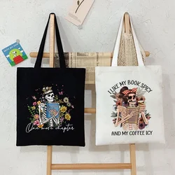 Books and Flower Canvas Tote Bag for Women Vintage Skull Wildflower Skeleton Handbag Fashion Shopper Bags Female Shoulder Bag