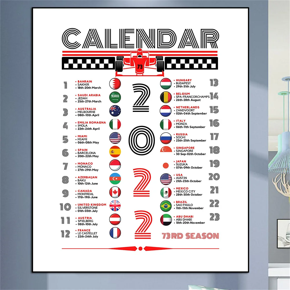 2022 Formula 1 Races Calendar 73RD Season Schedule Poster Prints Canvas Painting Wall Art Picture For Races Fans Room Home Decor