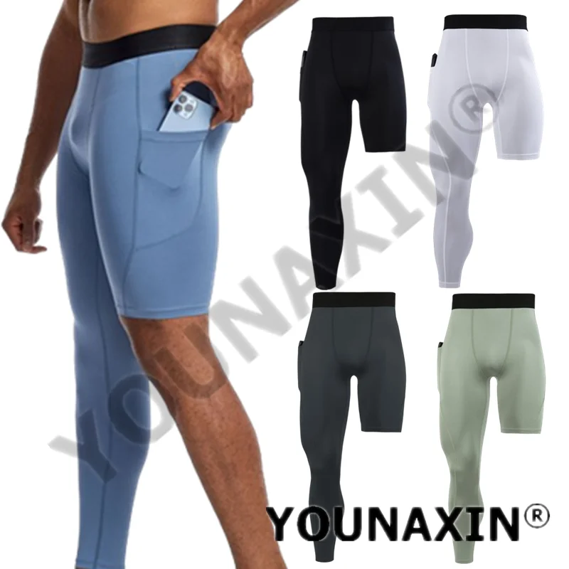 Men Gym Fitness Running Skinny Pants Sports Bottom Boy One Leg Leggings With Pocket Training Tight Yoga Workout Casual Trouser