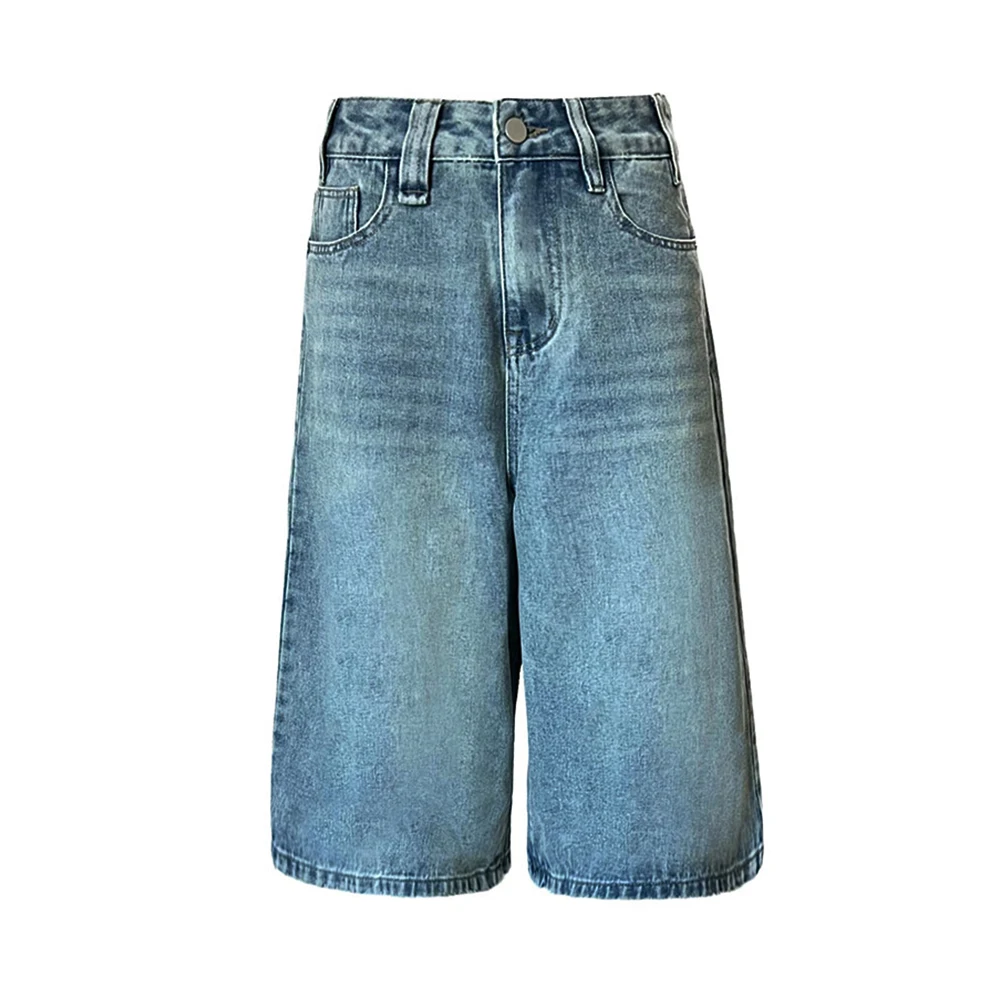 Summer American Style Vintage Women Baggy Jeans Y2k Loose Washed High Waist Knee Length Denim Pants Streetwear Wide Leg Shorts
