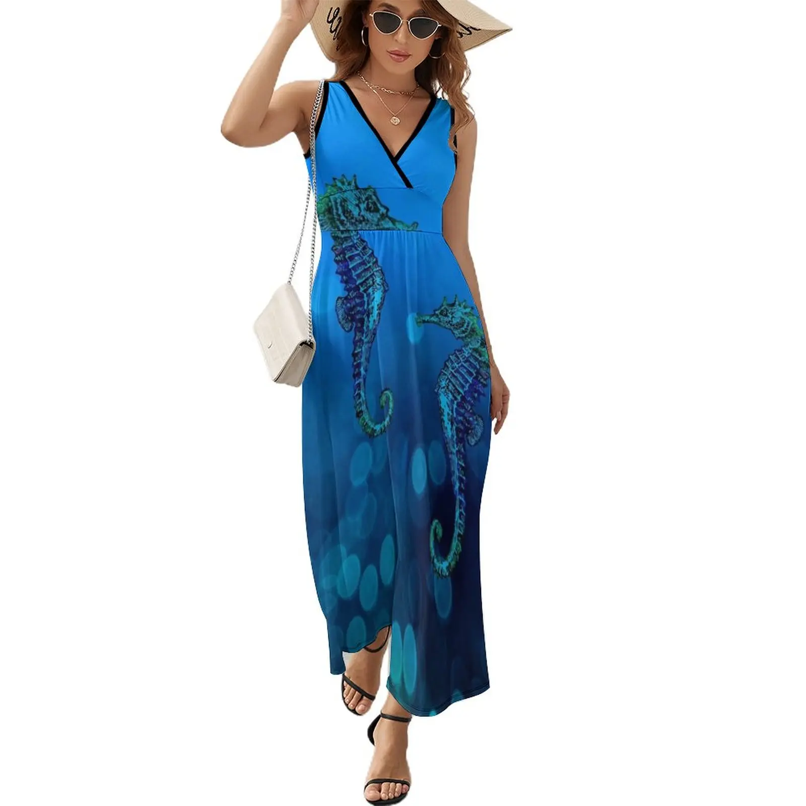 

Sea Horse Couple In Deep Blue Water Sleeveless Dress long dresses for women dress party night