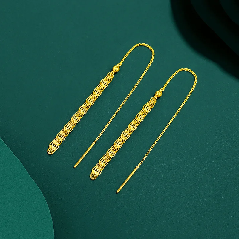Cynlo Jewelry Luxury 24K 9999 Pure Gold real gold Hollow-out Phoenix Tail Tassel Ear Line Women's Eardrop Ear Line