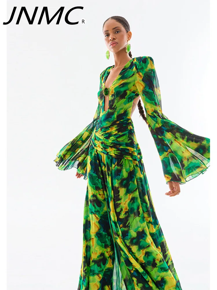 

JNMC Women Green Floral Party Dress Long Seeve V Neck With Rhinstone Open Leg Maxi Long Holiday Going Out Beach Gowns