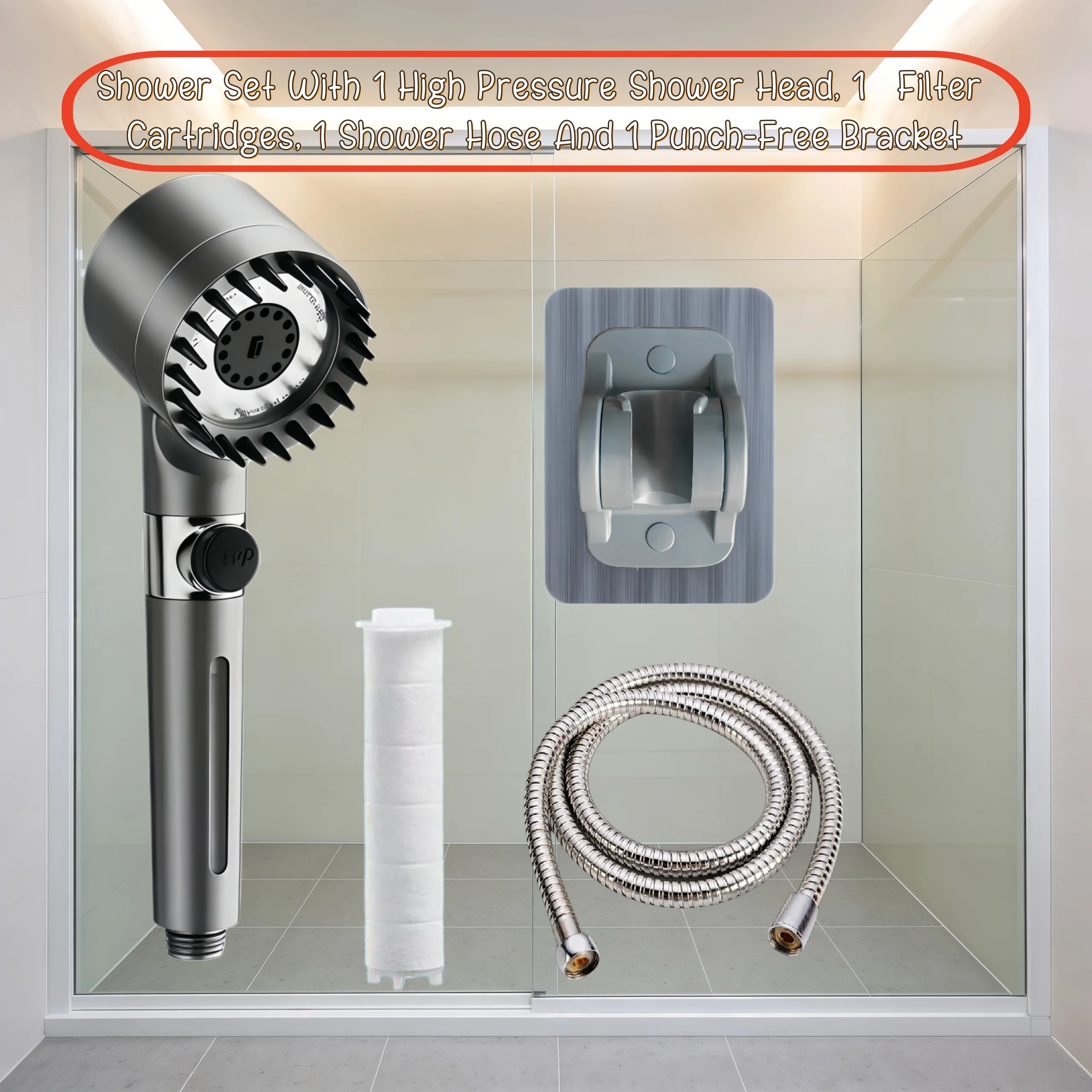 

4PCS Gray High Pressure Water Saving Shower Head Set 3 Modes Adjustable with 1 Filter Cartridge 59in Hose No Drill Bracket