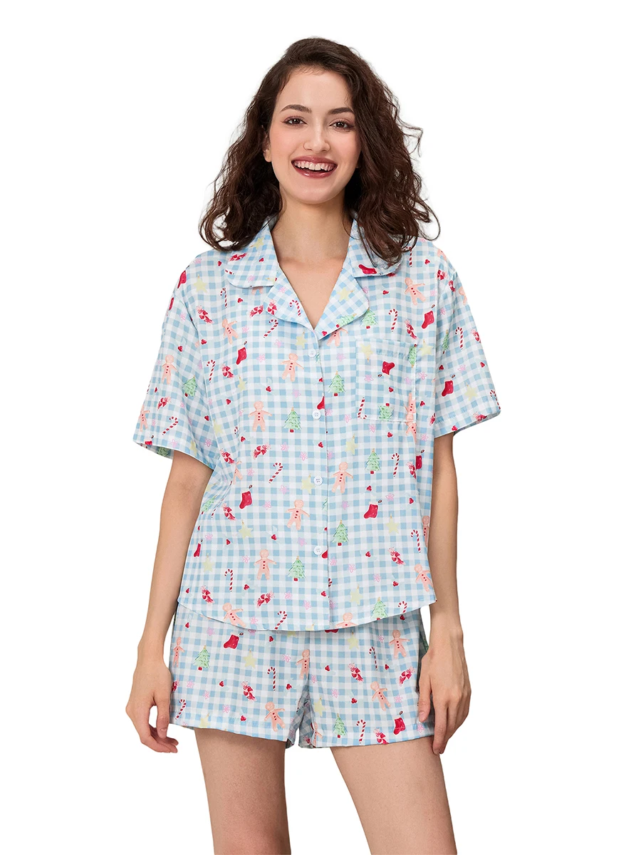 Women’s 2 Piece Christmas Pajama Set Long Sleeve Gingerbread Print Button Up Shirt Shorts Set Loungewear