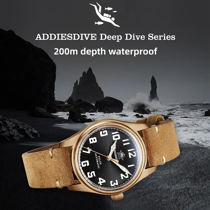 ADDIESDIVE NEW Dive CUSN8 Sollid Real Bronzed Automatic Men AD2114 Watch NH35A Sapphire Leather Mechanical 200m Luminous Watches