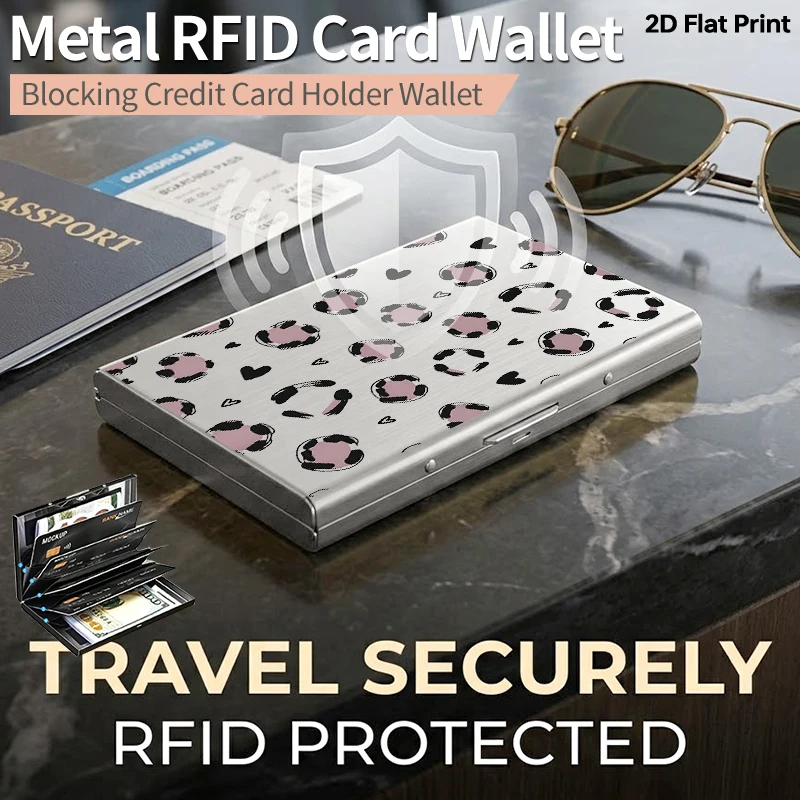 

Розовый леопардовый принт с сердечками, металлический картхолдер с RFID-защитой, тонкий, антивандальный, алюминиевый футляр для кредитных карт с боковым открытием
