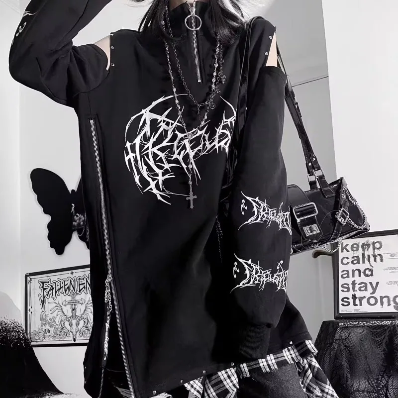 

Darkly Series Gothic Print Subculture Punk Long Sleeve Loose BF Off Shoulder Graphic T Shirts Spring Autumn Zipper Design Tops