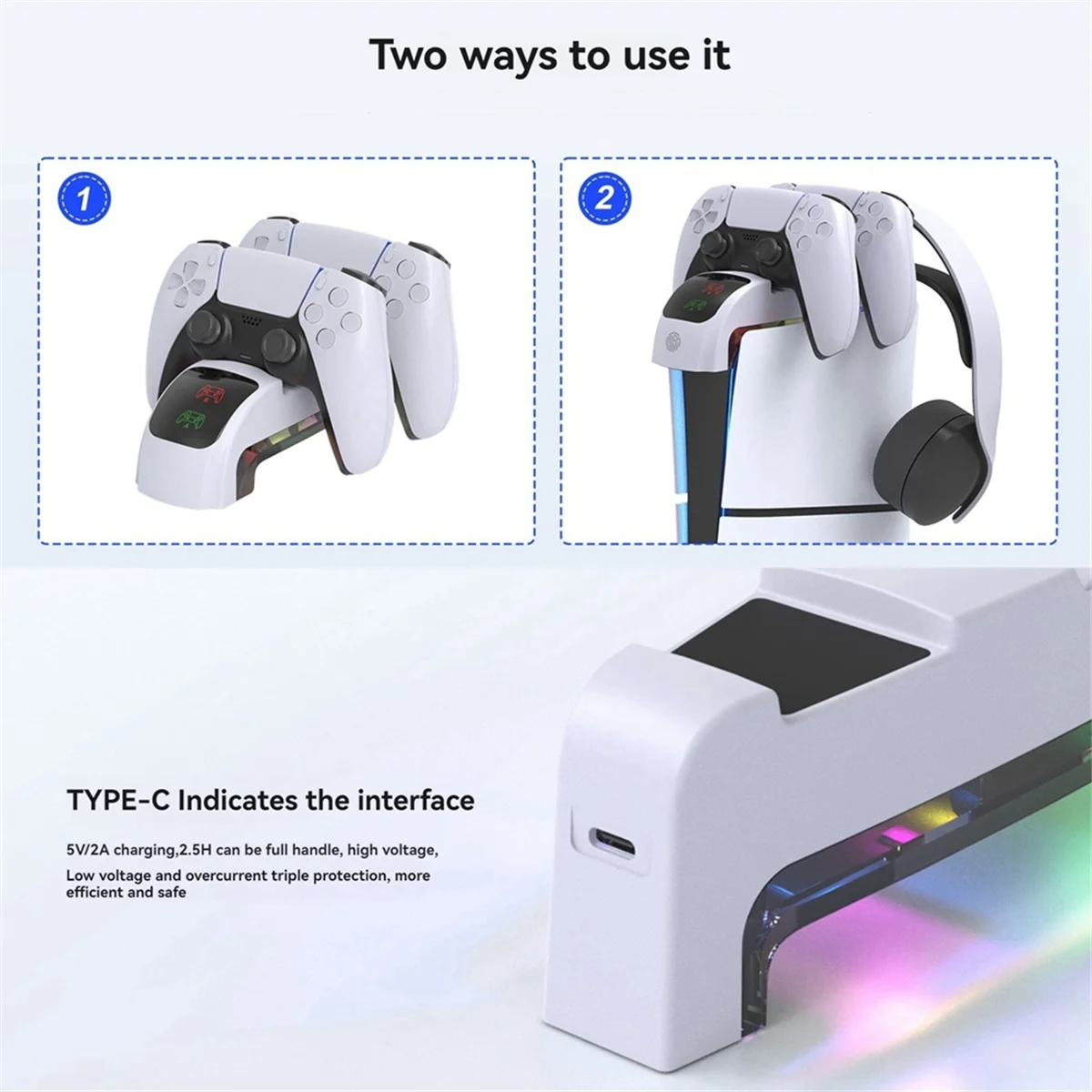 Hot! Suitable for PS5 Game Controller Charger with RGB Lighting Controller Charger Headset Holder Fast Charging Holder