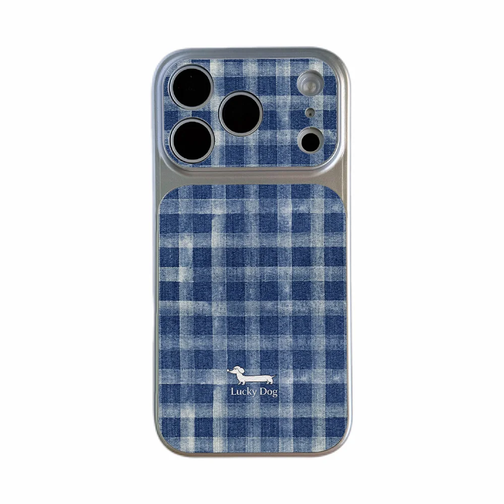 Blue-and-white Checkered Pattern Phone Case For iPhone 18 Pro Max 17 Pro 15 Pro 16 14 13 12 11 Faux leather Surface with lanyard view 6
