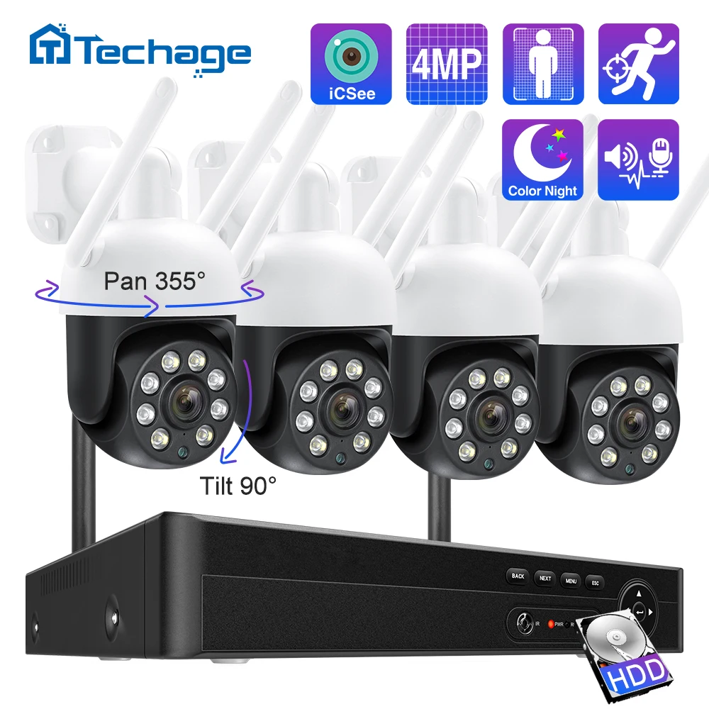 Techage H.265 4MP 2K 8CH PTZ WiFi Security Camera Set Smart AI Human Detection CCTV Video Surveillance System E-mail Alert P2P