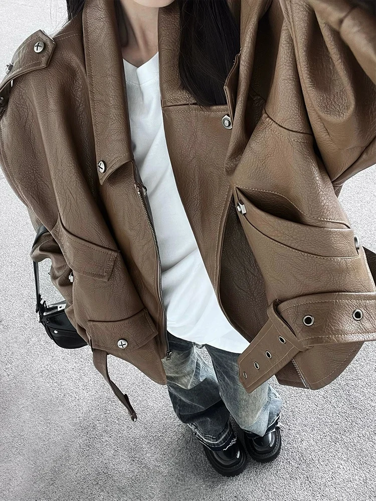 大きいサイズブラウンヘビーデューティーバイク用PUレザージャケットレディース秋冬オーバーサイズファッショナブルジャケットコート