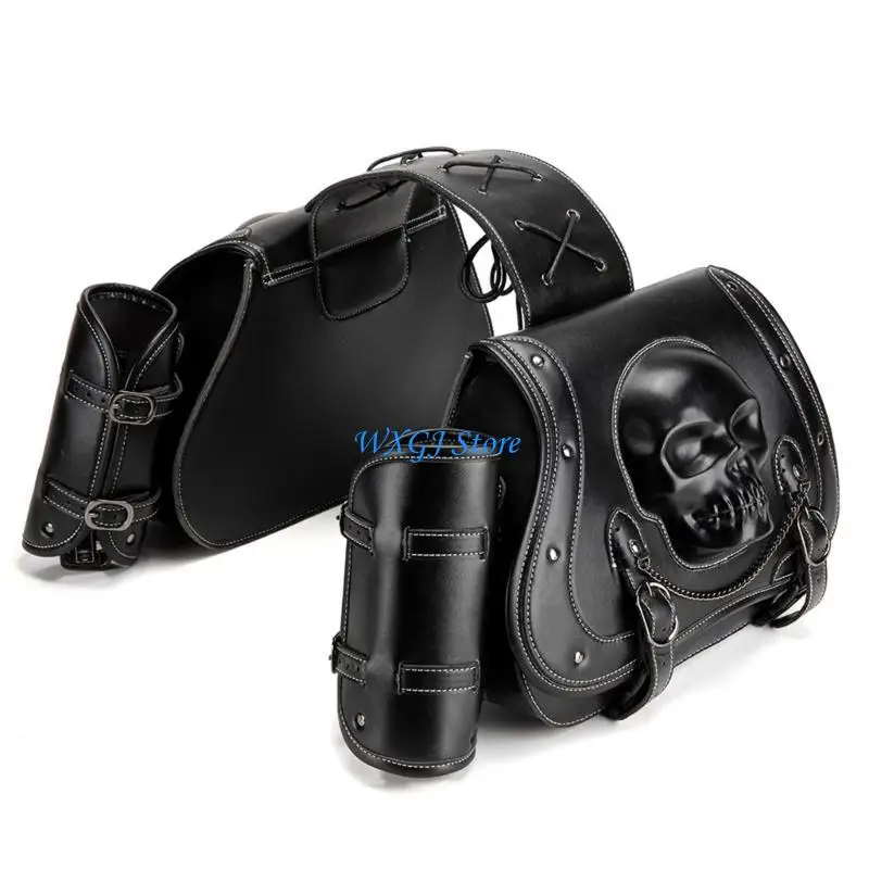 

37JE Large Capacity PU Leather Motorcycle Saddlebags Waterproof Side Bags Stylish Skull Designs Tool Storage Bag for Bike