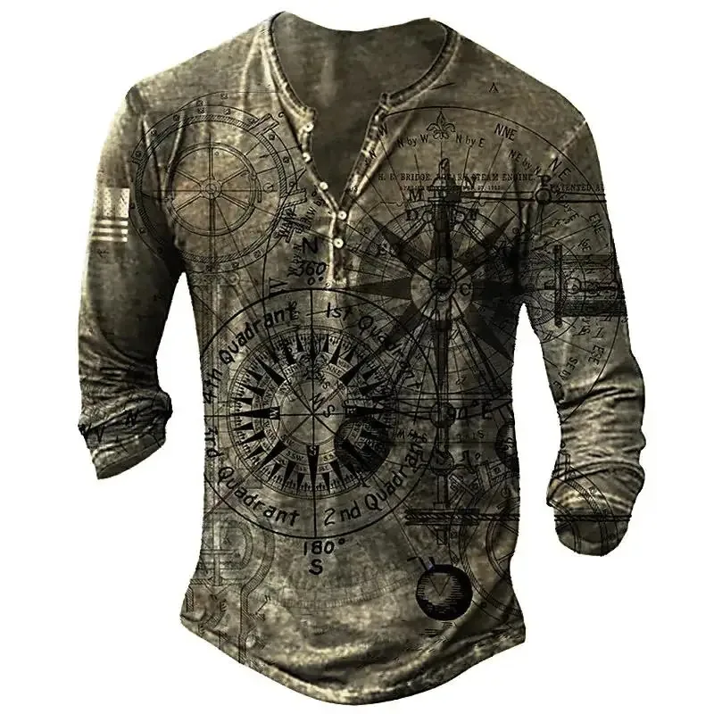 Vintage V-hals Henley Shirt Navigatie 3d Gothic T-shirt met lange mouwen voor mannen 5xl Oversized Tops T-shirt Man Punk Streetwear