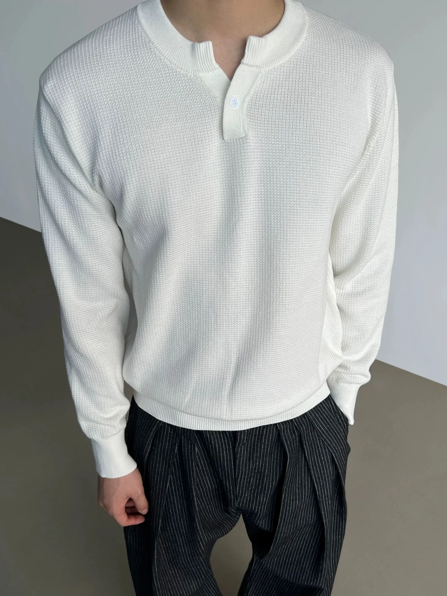 

Мужская футболка в стиле ретро Cleanfit Marled Knit Long Sve Henry irt, ранняя осень, внутренняя одежда, универсальная свободная посадка, повседневная, с v-образным вырезом