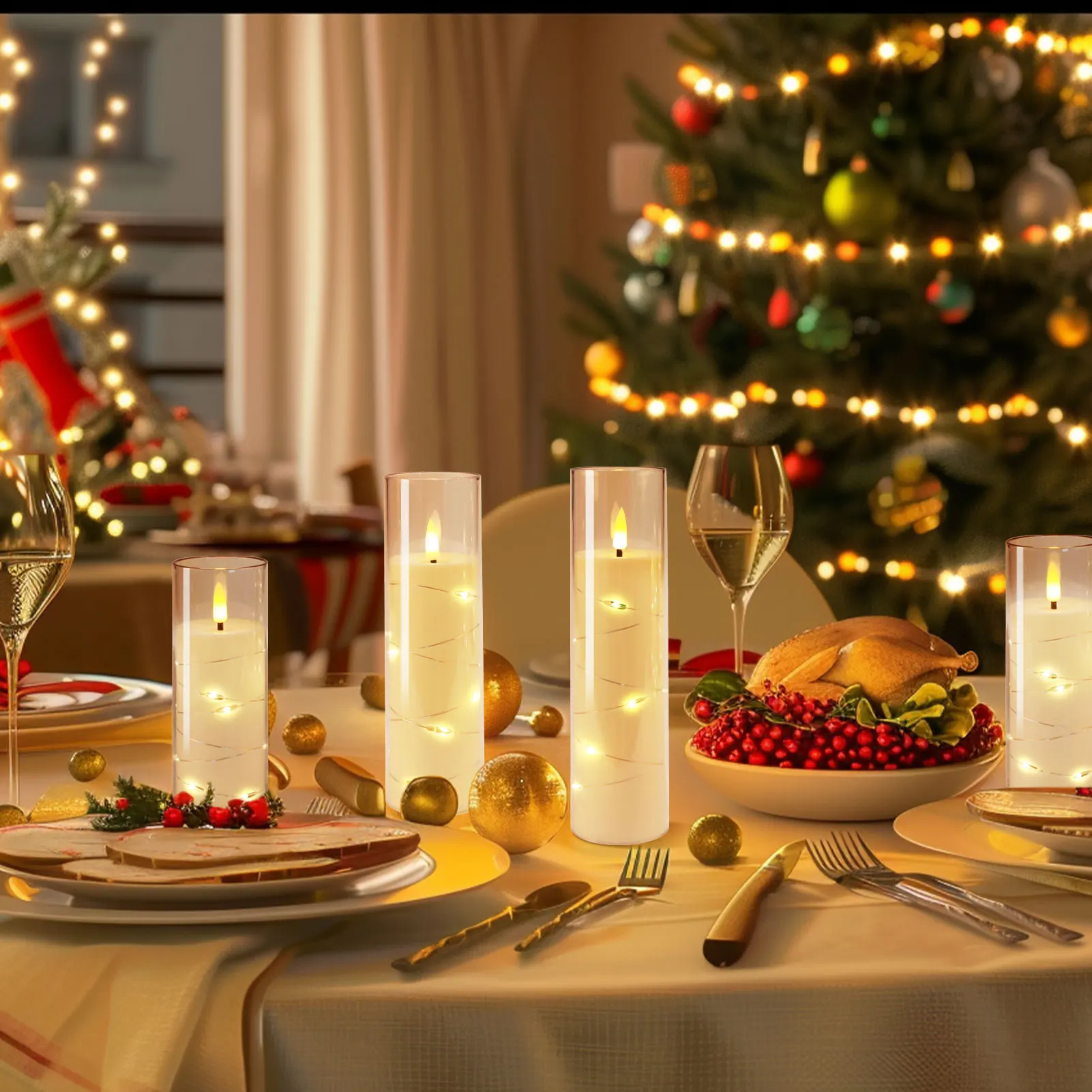 Мерцающие беспламенные светодиодные свечи, 5 шт., со встроенной звездной нитью, акриловая свеча на столбе с пультом дистанционного управления, подходит для домашнего прикраса