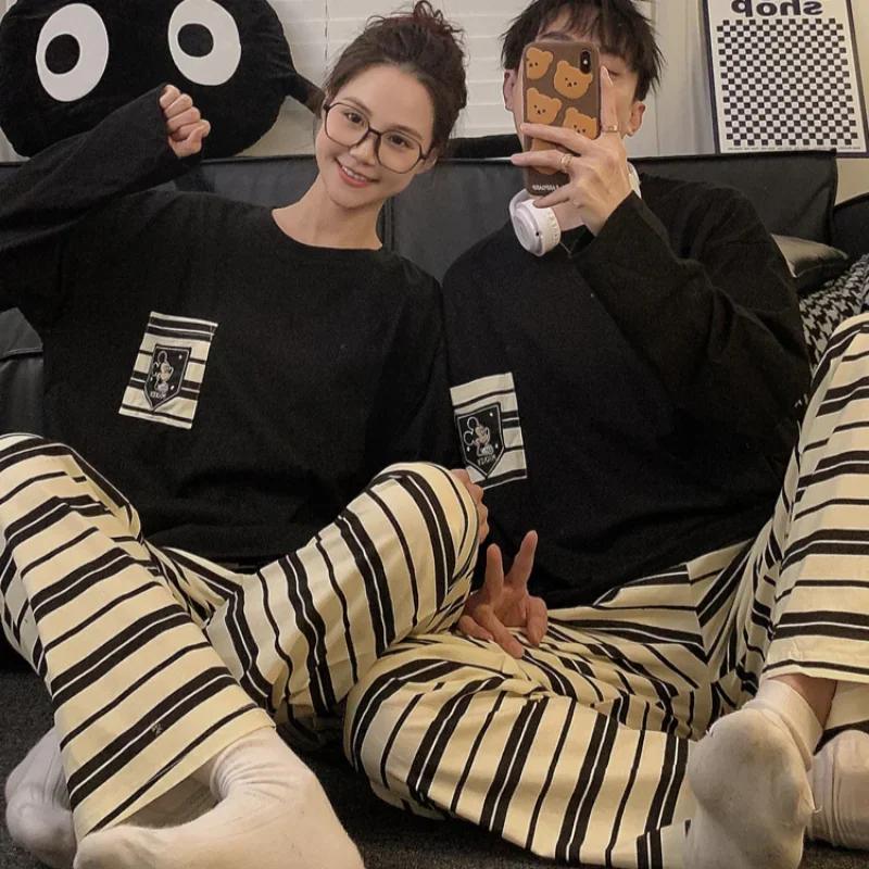 Disney Mickey autumn new cartoon couple pajamas men\'s pure cotton long-sleeved stripes cute and comfortable loungewear