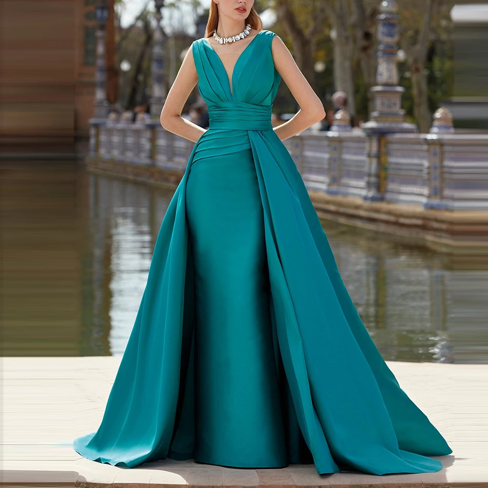 

A-Line V Neck Sleeveless Floor Length Solid Color Sweep Train Jersey Zipper Back Elegant Evening Dress Bespoke Occasion Gowns