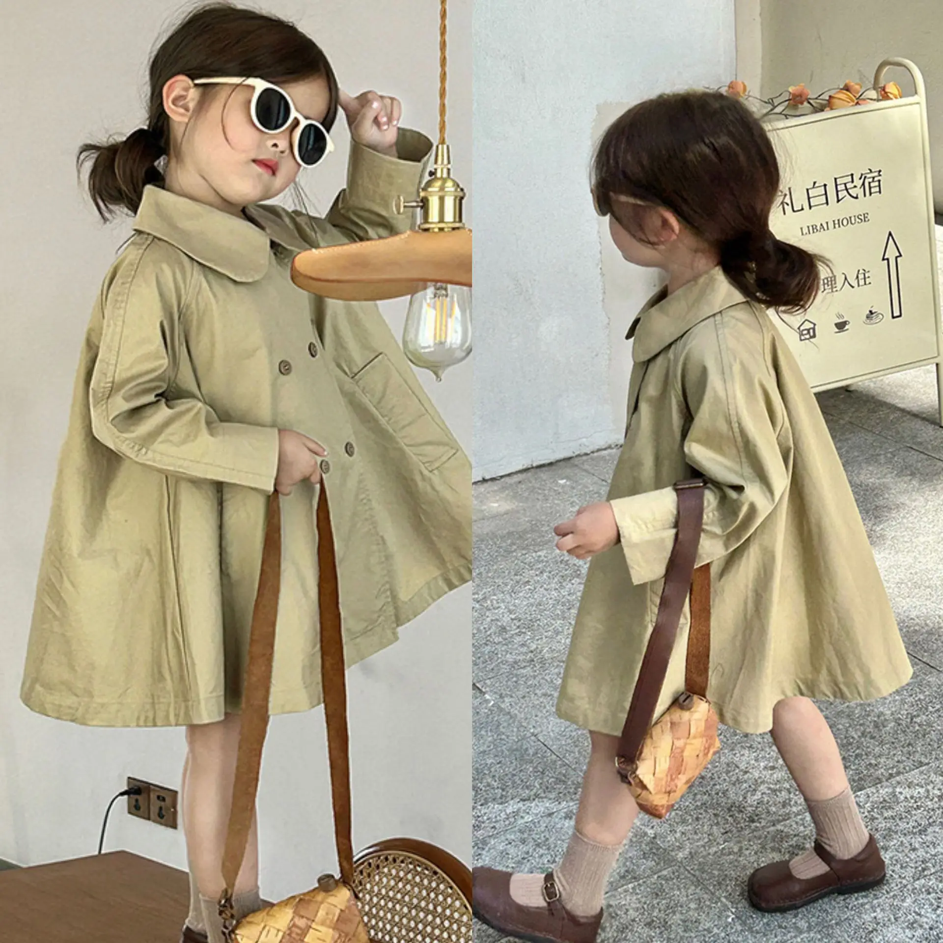 Autumn children's trench coat for girls Korean version  female treasure foreign style in the long double-breasted lapel coat top