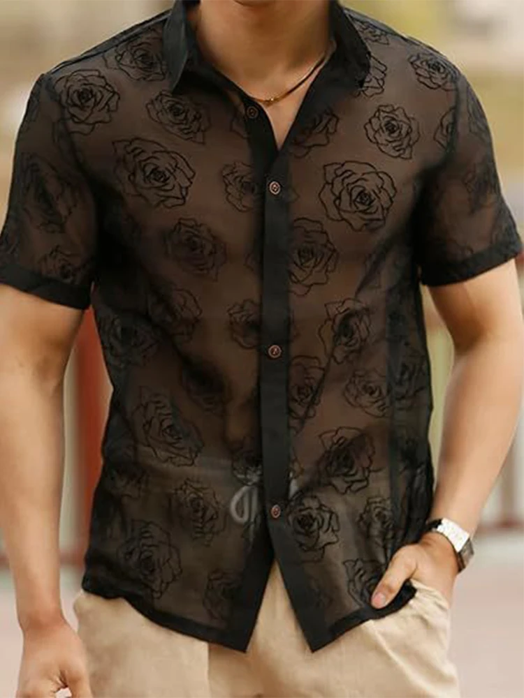 Fashion Transparent Mesh Tops Men Shirt Short Sleeve Lapel Button Florals Embroidery Shirts For Mens Sexy Lace Shirt Streetwear