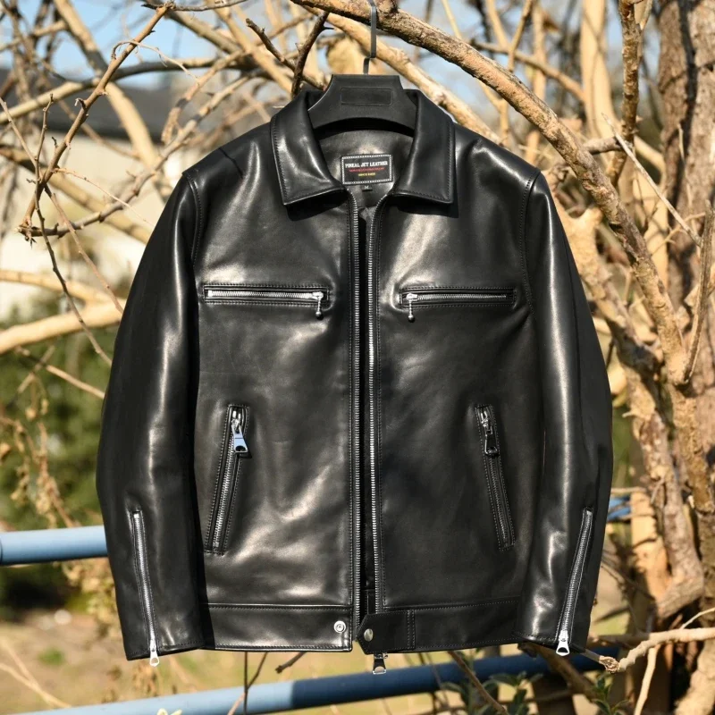 High-end Genuine Leather Men Vintage Top Layer Milk Cow Skin Leather Clothes Men's Motorcycle Jacket Slim Soft Leather Coat FCY