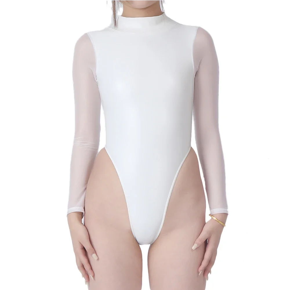

Seamless Shaping Bodysuit Glossy Stretchy PU Yoga Leotard High Cut for Butt Lifting & Sheer Maid Style Women's Tights