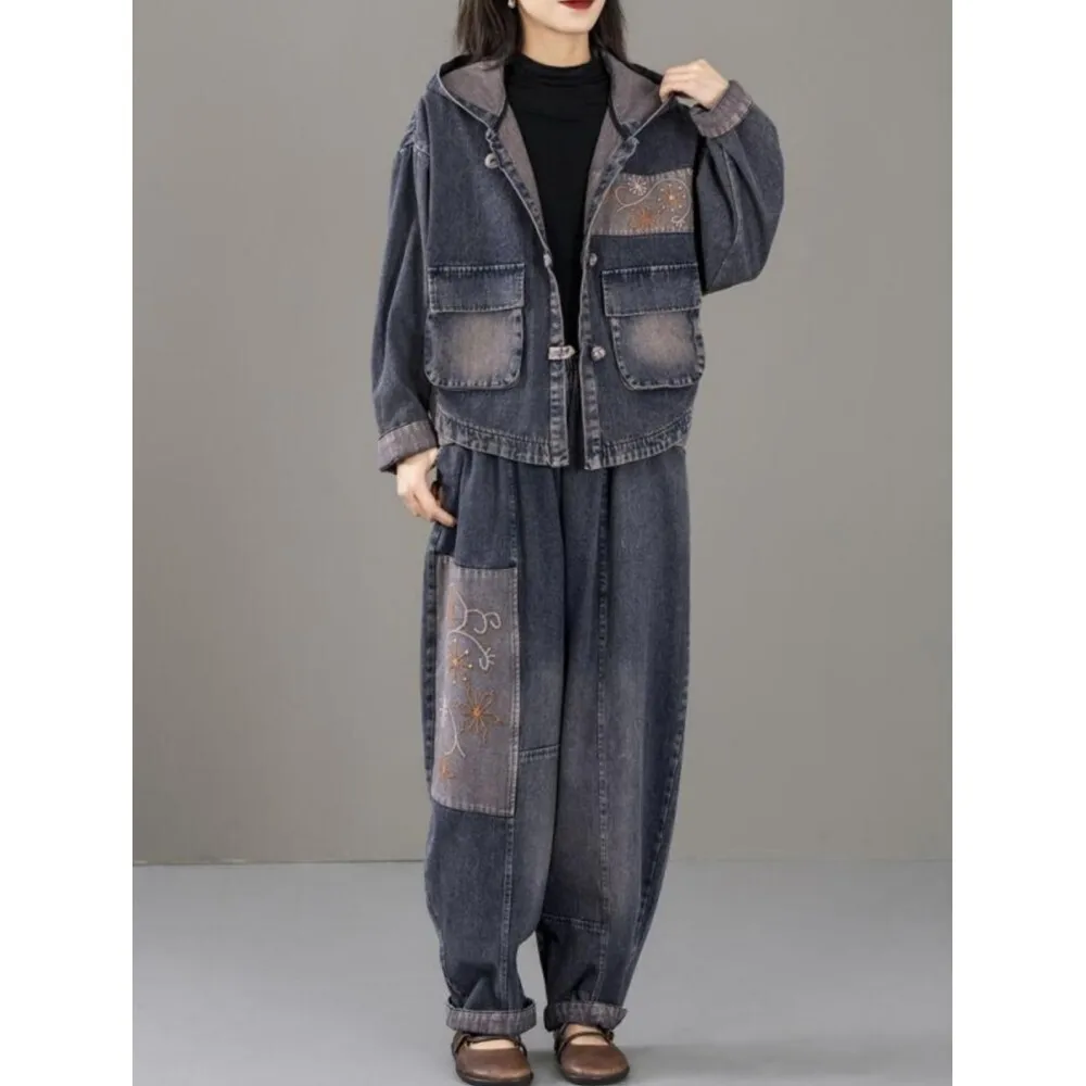 2024 Autumn New Embroidered Patchwork Pant Set Women Outfit Hooded Denim Jacket + Elastic High Waisted Jeans Two Piece Set ZF184