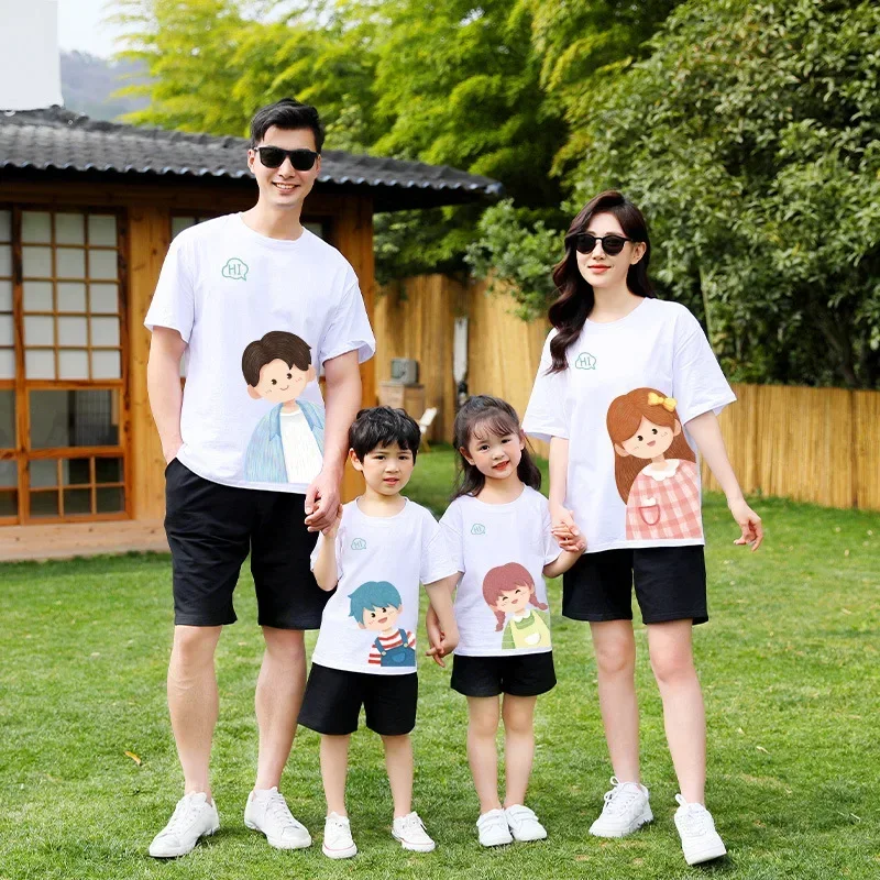 Family Matching Outfits Cotton T-shirt Kids Mother Daughter Clothes Cute Cartoon Tops Parent-child Outfits Summer Casual Tees