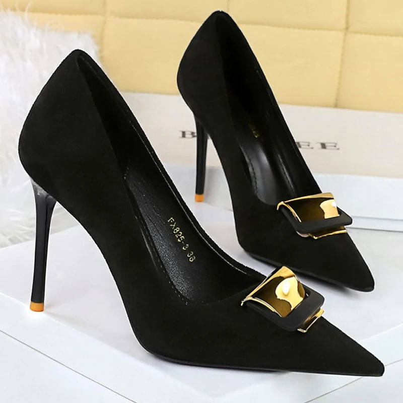 BIGTREE Shoes Metal Buckle Decoration Women Pumps Suede High Heels Ladies Shoes Stilettos Luxury Women Heels Shoes Large Size 43