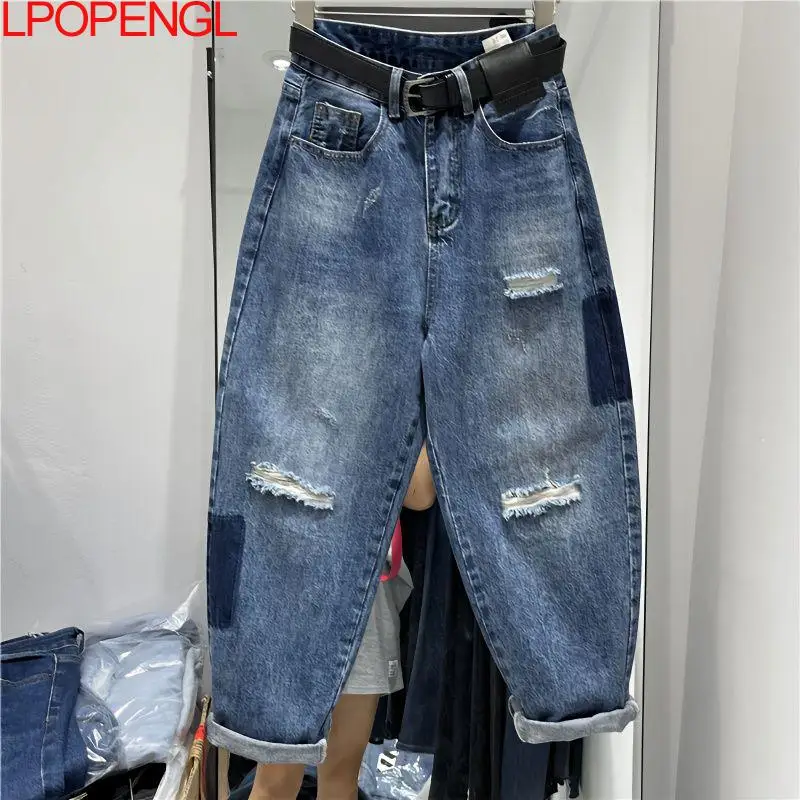 Imagem -02 - Jeans Jeans Vintage Rasgado para Mulheres Cintura Alta Calças Cruzadas Streetwear Grandes Dimensões Reto Cintura Elástica Calças de Perna Larga