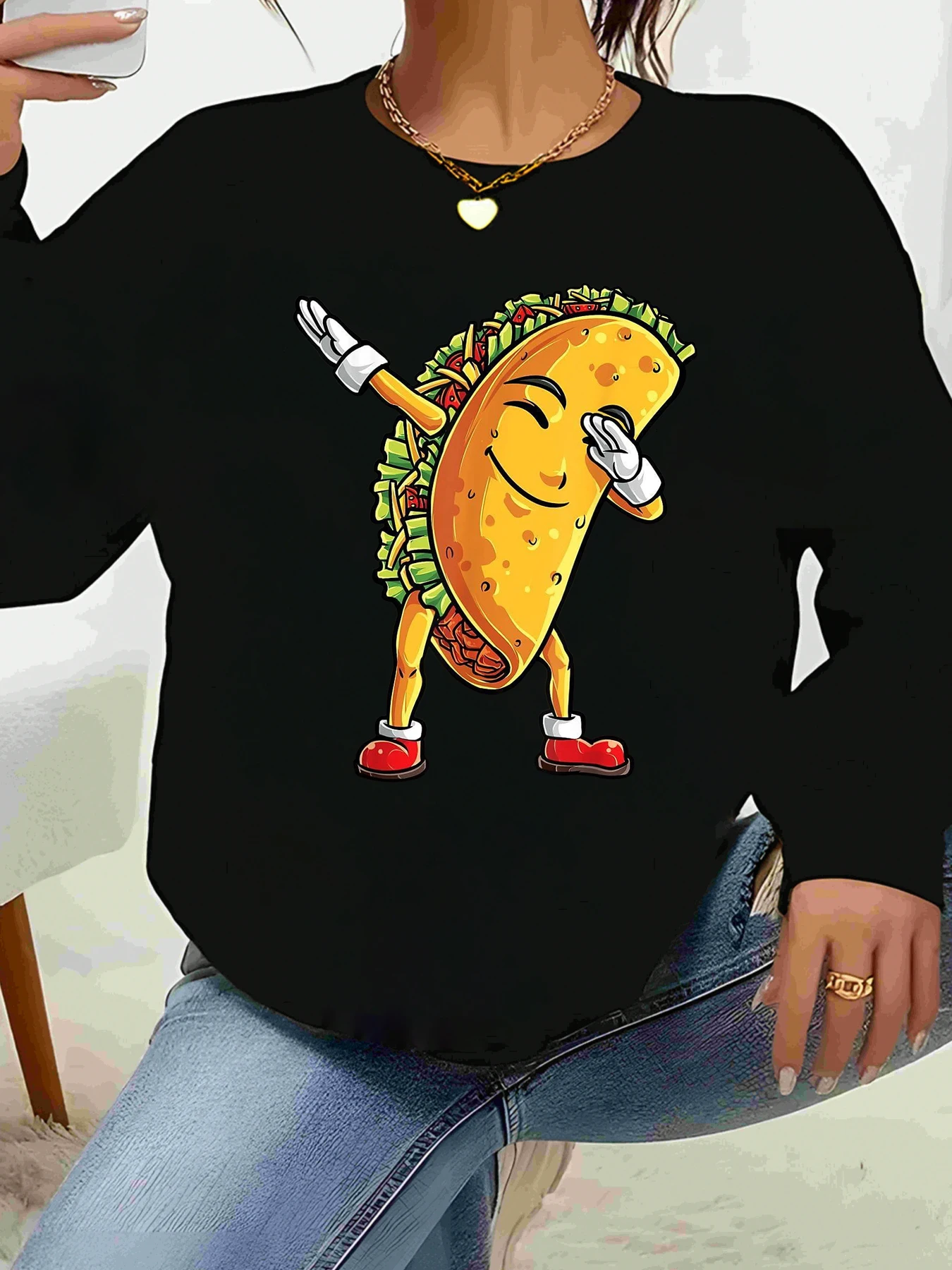 Dancing Taco Print Long Sleeve Sweatshirt Cinco De Mayo Casual Wear Women's Fashion